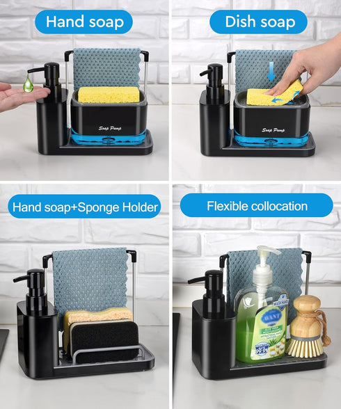 Set 5-in-1 Countertop Hand and Dish Soap Dispenser with Tray, Dual Soap Dispenser with Sponge Holder and Dishcloth