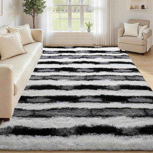 5x7 Black and White Fluffy Soft Plush Striped Area Rugs for Bedroom, Indoor Non Slip Washable Rug for Living Room
