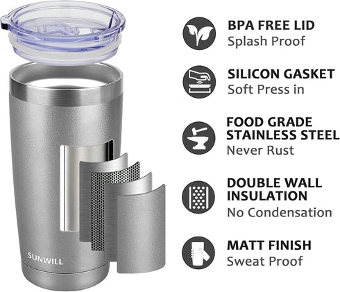 SUNWILL Travel Coffee Tumbler, 20 oz Insulated Mug with Lid, Stainless Steel for Hot and Cold Drinks, Cool Grey