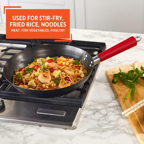 Imusa USA 12" Nonstick Carbon Steel Wok, Red PAN-10046 with Handle
