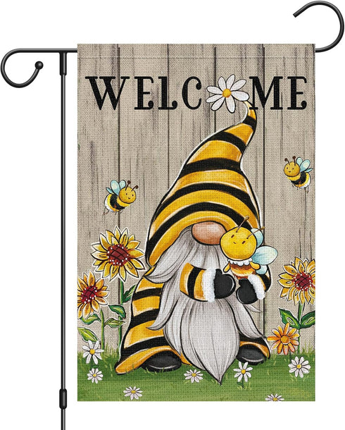 Welcome Summer Gnome Garden Flag, Spring Summer Bee Sunflower 12x18 Double Sided Burlap House Flag