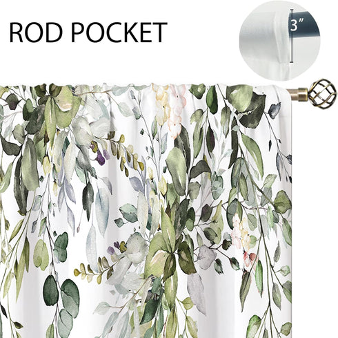 Sage Green Eucalyptus Botanical Leaves Floral Kitchen Window Curtains, 26x36 inch, Short Cafe Drapes for Bathroom