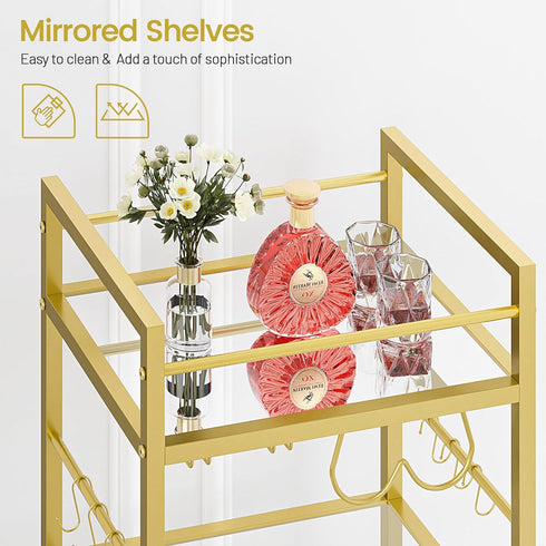 Bar Cart, Serving Cart for Home, Microwave Cart, Drink Cart, Mobile Kitchen Shelf with Wine Rack and Glass Holder