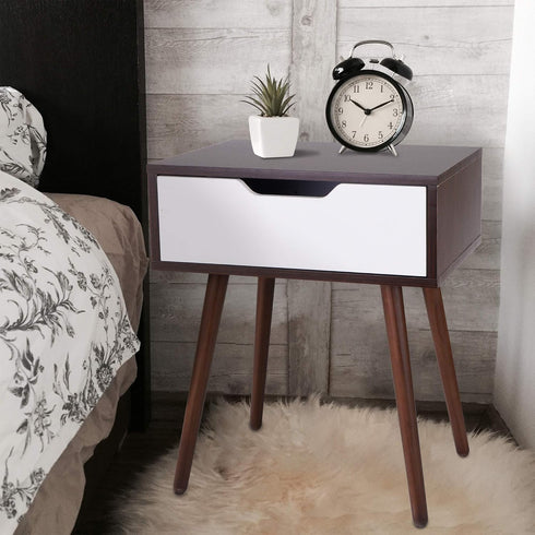 SUPER DEAL Mid-Century End Table Modern Side Table with Drawer Small Table with Wooden Legs, Sliding Drawer and Smiley