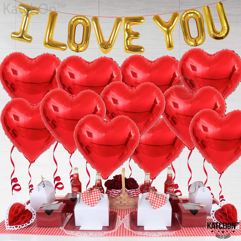 KatchOn I Love You Balloons Set, 18 Inch, Pack of 18, Foil Red Heart Balloons for Valentine's Day Decorations
