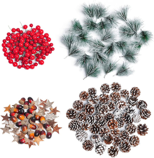 cnomg 216pcs Set, (216, Artificial Pine Cones Pine Branch Fake Natural Pinecones Acorns Red Berries Christmas Decor