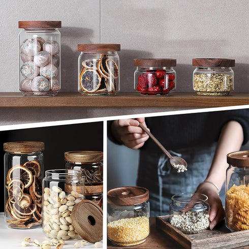 300ML Clear Glass Storage Canister Holder with Airtight Wood Lid, Modern Decorative Small Jar for Coffee, Spice