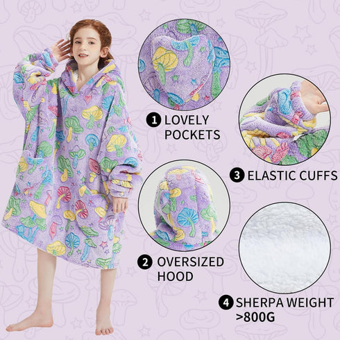 6-13YR Fiosnow Glow in the Dark Mushroom Blanket Hoodies for Kids Oversize Wearable Blanket Hoodies for Boys Girls