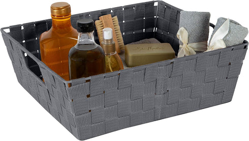 Simplify Large Woven Strap Tote, 2 Pack, Grey, Decorative Storage Basket for Organizing Accessories