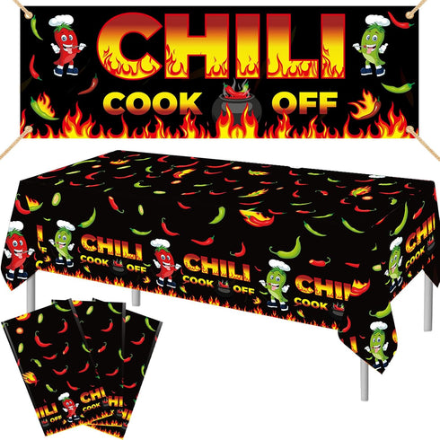 Chili Cook Off Decorations: 71" x 24" Banner and 3 Pcs Tablecloths for Cooking Party Supplies