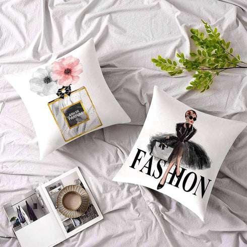 Black White Decorative Pillow Covers 18X18, Set of 2 Pink Fashion Girls Gold Perfume Cute Sofa Couch Covers