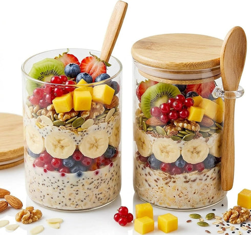Povinmos Lids,17oz Beans(2) Overnight Oats Containers with Oats Glass Jars Storage Containers, Oatmeal Cups,Meal Prep