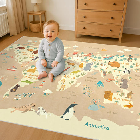 4x6 Kids Bedroom Rug with World Map & Animals Educational Washable Play Mat for Playroom, Cute Global Animal, Featuring