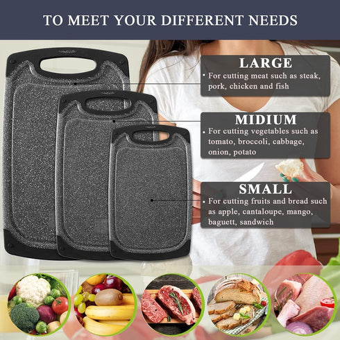 Cutting Boards for Kitchen, Plastic Chopping Board Set of 3 with Non-Slip Feet, Easy Grip Handle, BPA Free