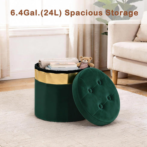 Room13x13x12.4(Green,1pcs) xuperbonus Small Ottoman with Storage,Folding Round Ottoman with Gold Trim,Velvet Storage