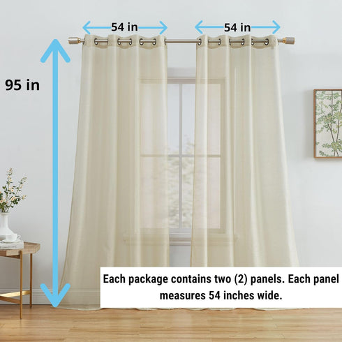 HLC.ME 2 Piece Semi Sheer Voile Window Curtain Grommet Panels, 54" W x 95" L, Beige