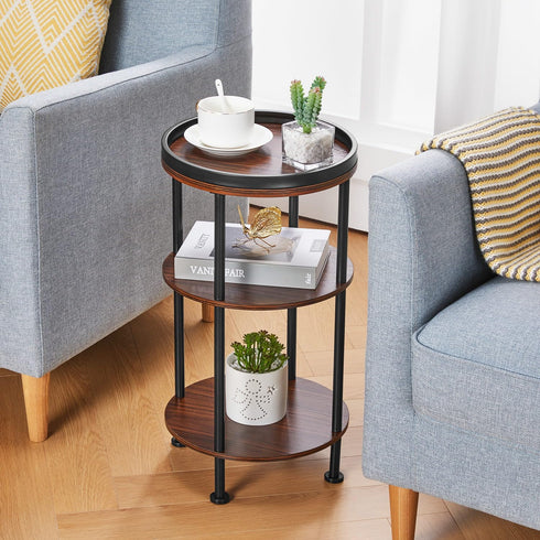 Small Round Side Table for Small Spaces - 3-Tier Modern Accent Table, Slim End Table for Living Room, Bedroom (Cherry)