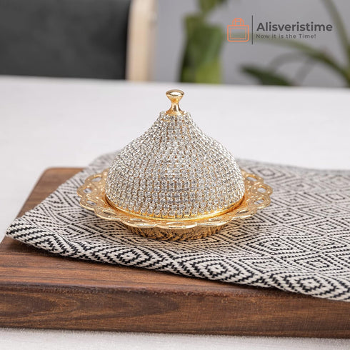 Alisveristime Coated Handmade Brass Sugar Bowl with Lid, Crystal, Gold