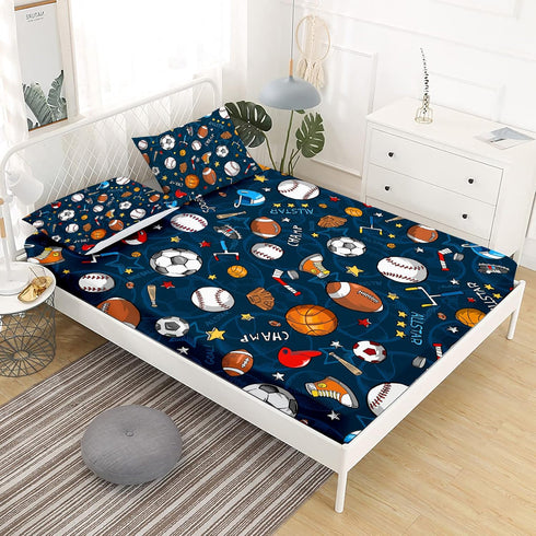 3D Set Blue(1 2 Boys Sports Fitted Sheet Full Size Soccer Basketball Baseball Football Bedding for Kids Teens Bedroom