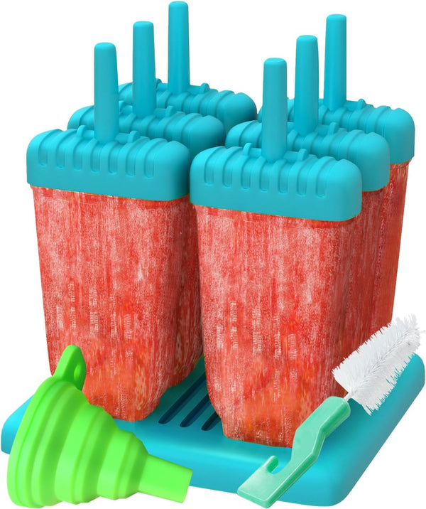 Ozera Set of 6 Reusable Popsicle Molds, Durable Ice Pop Maker Trays for Popsicles Making with Funnel & Brush