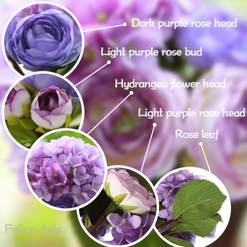Felice Arts 12" Purple Hydrangea Silk Flowers Bouquet - Artificial Peonies for Wedding, Home Centerpieces