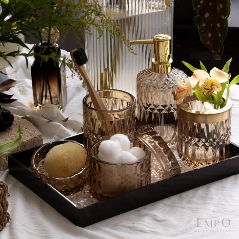 6PCS Set (6pcs EMPO Bathroom Clear Glass Accessories (Lotion Soap Dispenser, Soap Dish, Toothbrush Holder, Tumbler