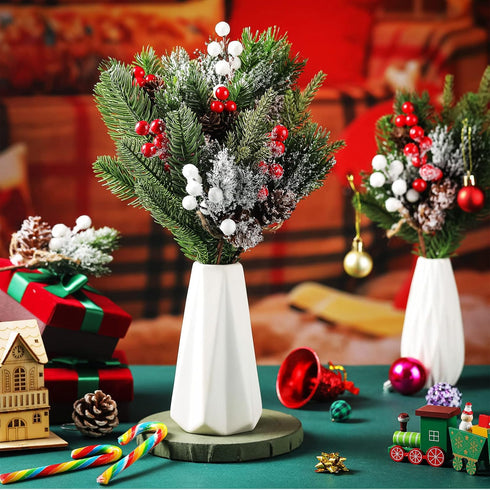 Yunlly 60 Pcs Christmas Artificial Green Pine Needles, Christmas Floral Picks Artificial Holly Red Berry Twig Stem Pine