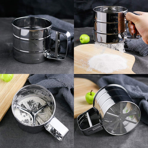 Stainless Steel Flour Sieve, Semi-Automatic 2 Cup Sifter for Baking, Fine Mesh Coffee Sieve Cup