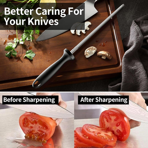 Kitchen Knife Sharpener Rod, 13 inch Carbon Steel Professional Honing Rod with Hanging Holes