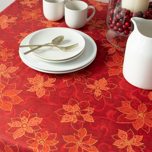 Benson Mills Poinsettia Scroll Printed Rectangle Fabric Table Cloth, Red, 60" X 104"