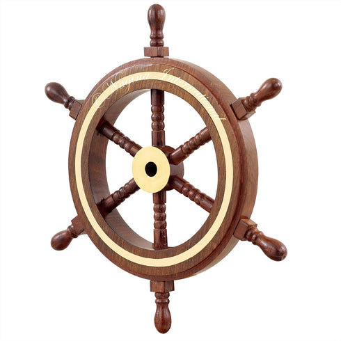 Nagina International 4" Small Rosewood Crafted Brass Ring Ship Wheel, Nautical Decor Steering Wheel