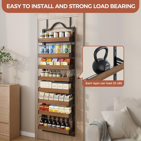 8-Tier 2 1 Spice Rack Wall Mount, Heavy-Duty Over the Door Pantry Organizer with Wooden Adjustable Basket, IN Wall