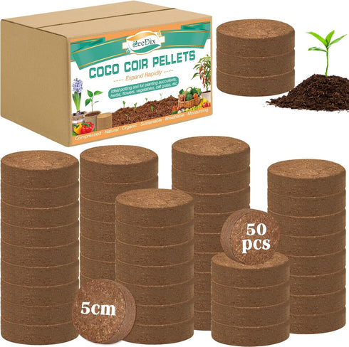 ZeeDix 50pcs Compressed Coco Coir Fiber, 50mm Potting Soil for Indoor and Outdoor Plants