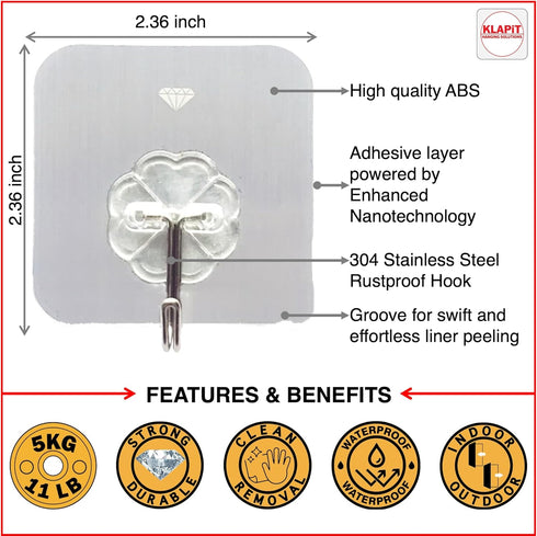 KLAPiT Super Hook, Heavy-Duty Adhesive Wall Hooks, Holds Up to 11 lbs, 4pc