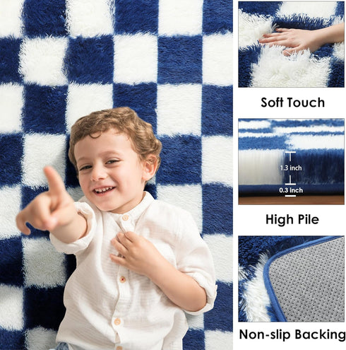 KICMOR 4x6 Navy Blue and Cream White Rugs for Living Room, Fluffy Fuzzy Shag Checkered Rug Shaggy Carpet for Bedroom
