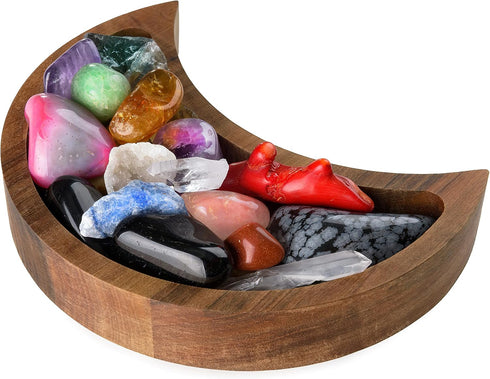 Curawood Crescent Moon Tray, 6"x3" Wooden Crystal Display Tray for Gems, Healing Stones & Treasures, Walnut
