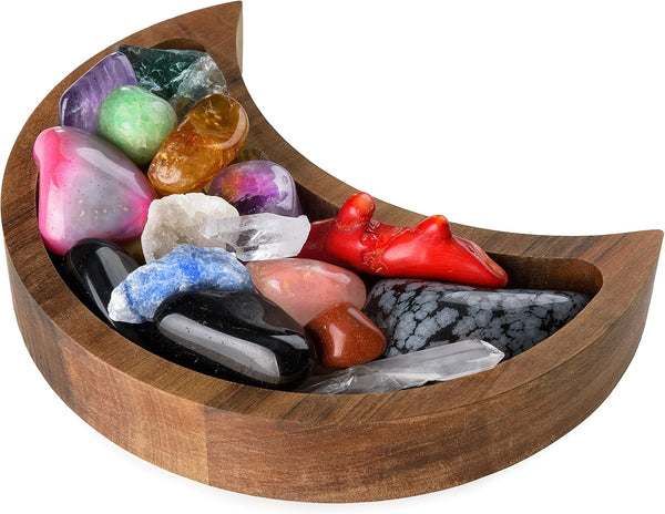 Curawood Crescent Moon Tray, 6"x3" Wooden Crystal Display Tray for Gems, Healing Stones & Treasures, Walnut