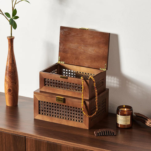 Decorative Rattan Storage Boxes: Solid Wood Woven Baskets with Lid, Keepsake Memory Jewelry Box, Natural Boho Organizer