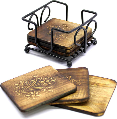 StonKraft Rustic Vintage Look Wooden Tea Coffee Coasters Set with Wrought Iron Holder