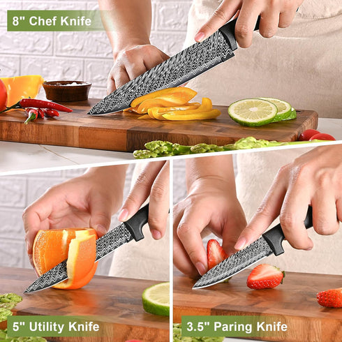 3 Pcs Kitchen Knife Set with Cover - Black Stainless Steel Knives Set for Cooking, Sharp Cutting Knives