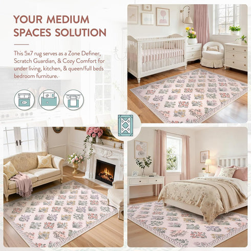 5x7 Cozy Wonnitar Pink Rugs for Bedroom Girls Nursery, Floral Print Washable Rug, Boho Ultra-Thin Non Slip Soft Carpet