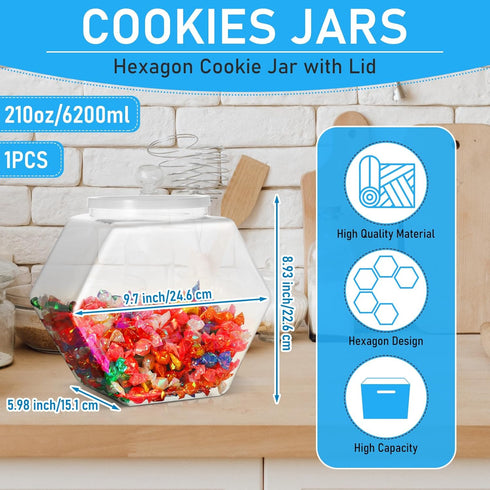 Uiifan 1 Piece Hexagonal Plastic Candy Jar with Lid Cookie Jar Clear Hexagonal Candy Containers for Snacks, Cookies, Dog Food, Craft and Sewing Supplies, Coffee Pod, Laundry Pod (210 oz)