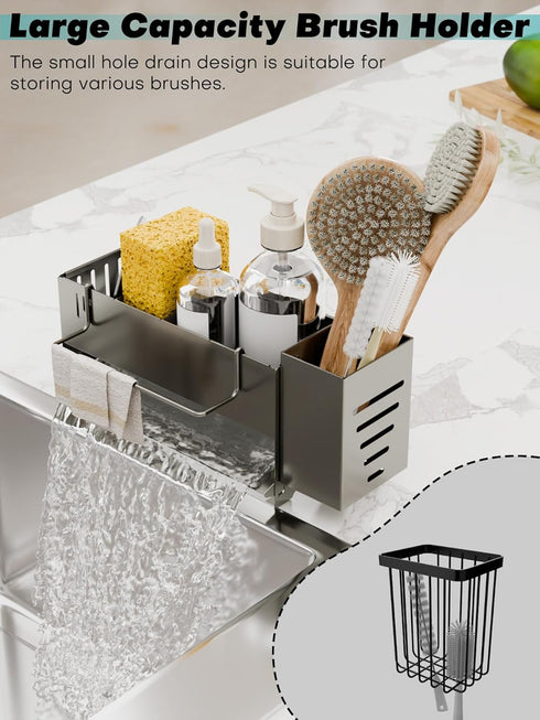 Kitchen Sink Caddy Organizer, Sponge Holder for Kitchen Sink with Upgraded Extra-Wide Drain Board, Efficient Drainage