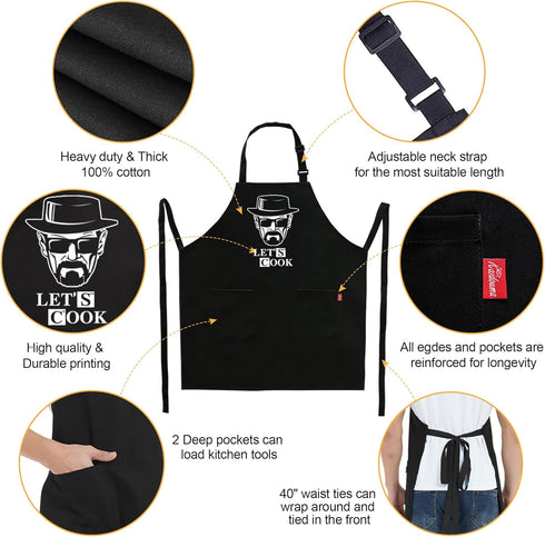 Funny Cooking Aprons for Men - Let’s Cook - Men's Black Funny Kitchen Chef Grilling BBQ Aprons with 2 Pockets - Birthday Father’s Day Christmas Gifts for Dad, Husband, Boyfriend, Movie Fans