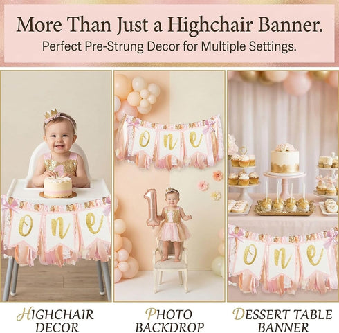 Q&High Life 1st Pre - strung Pink Highchair Banner - One Birthday Highchair Banner for Princess Girls ONE Baby Shower
