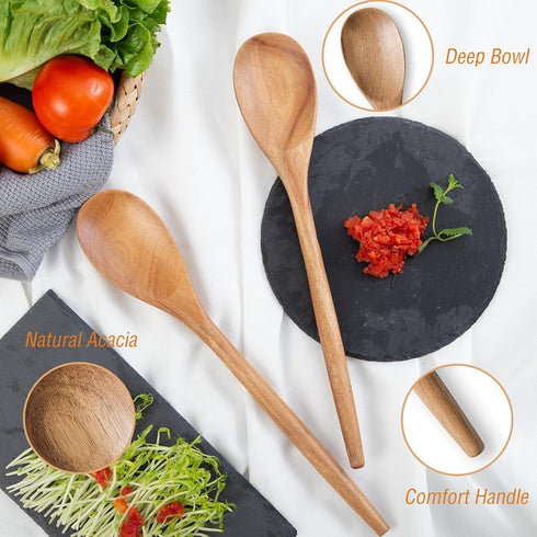 Wooden Kitchen Utensils Set, 14 Inch Comfort Grip Acacia Wood Spoons for Cooking, 2 Spoons, Non-Stick Safe
