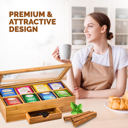 8 Set Bambuesi Tea Box Organizer with Drawer - Compartment Bamboo Wooden Tea Storage Chest with Acrylic Window