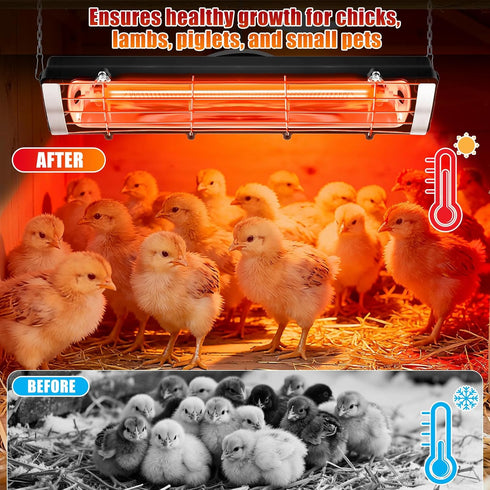 17.5 Inch 300W 10000H Extra Long Heat Lamp for Chickens, Carbon Fiber Chicken Coop Heater for Winter, Adjustable Temp