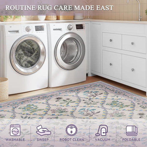 5x7 Purple Rug for Girls Room, Washable Boho Floral Area Rugs for Living Room, Cute Ultra-Thin Non Slip Indoor Girls
