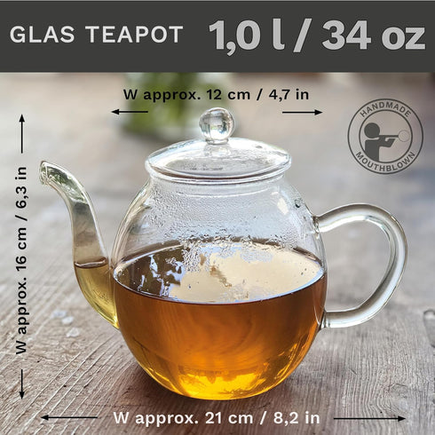 Creano Glass Teapot 34oz (1000ml) with Stainless Steel Strainer and Glass Lid